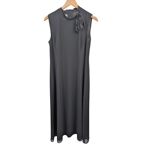 Talbots Petite Black Midi Dress Bow Neck Sleeveless Size 14P Korea Silk Accent - Picture 1 of 5
